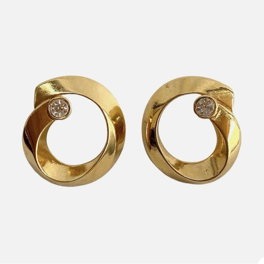 Gold Tone Pierced Earrings Vintage 80's Chunky Circle w/Clear Crystal Stones
